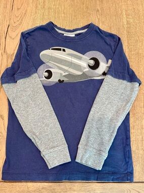 Hanna Andersson Double Sleeve Art Tee In Supersoft Jersey  Navy Airplane 10 140